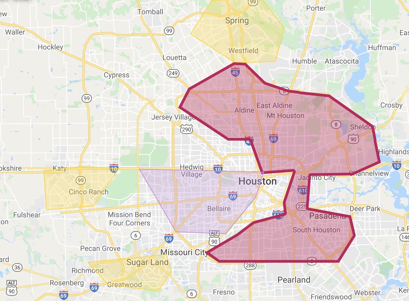 Houston map with color-coded neighborhoods, made 2022